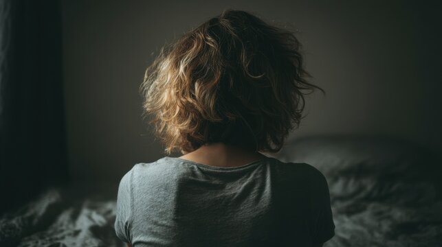 A person with messy curly hair sits on the bed, deep in thought. The ambiance evokes a feeling of introspection and reflection. 