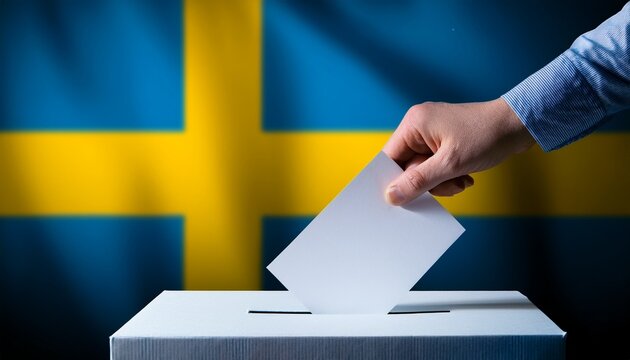 a hand put a paper in a voting box; blurred Sweden flag background; dark atmosphere