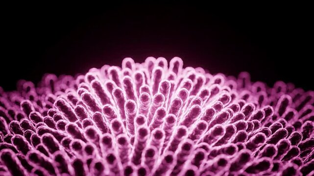 Abstract close up of glowing pink microscopic organisms or villi in a dark environment, science and biology background
