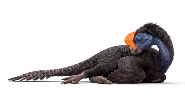 Oviraptor philoceratops sleeping isolated on white background, detailed reconstruction showing relaxed posture and calm resting behavior of an oviraptorid dinosaur.
