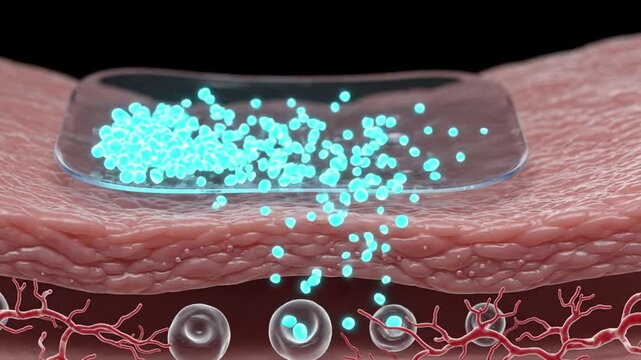 Microscopic view of skin layer with translucent patch releasing glowing blue particles into dermis, medical treatment concept, 3D render