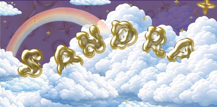 Sandra name. Colorful 3D Cloud Fantasy Background with Glossy Balloon Letters. Dreamy Sky, Stars and Soft Clouds Illustration.