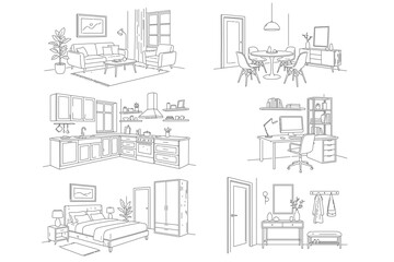 Fototapeta premium Interior Design Sketches: A collection of meticulously crafted sketches showcasing various room interiors, including a living room, dining room, kitchen, home office, bedroom, and entrance.