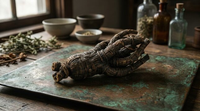 Antique pictures of ginseng root on oxidized copper plate, dark aged texture, glass bottles, herb bowls, moody window light for traditional apothecary still life and botanical ingredient scene