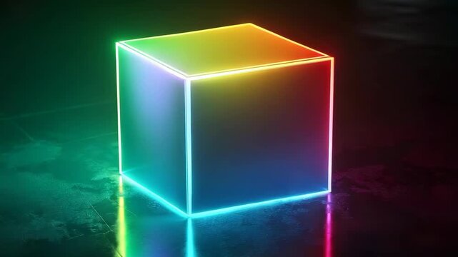 A cube emits bright lights and changes colors in a dark space. The reflections on the floor create interesting patterns as the colors shift
