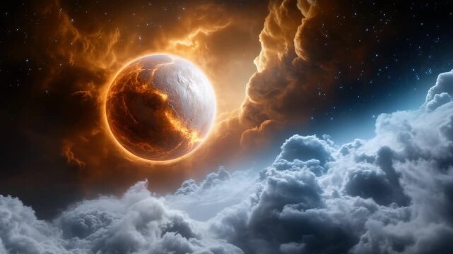 Fiery planet amidst dramatic cosmic cloudscape with starry sky