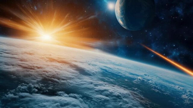 Dramatic meteor shower with earth and distant planet in space