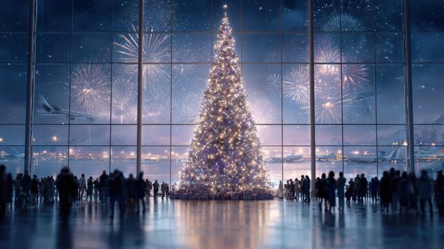 Christmas tree in modern airport terminal with fireworks outside panoramic glass wall at night