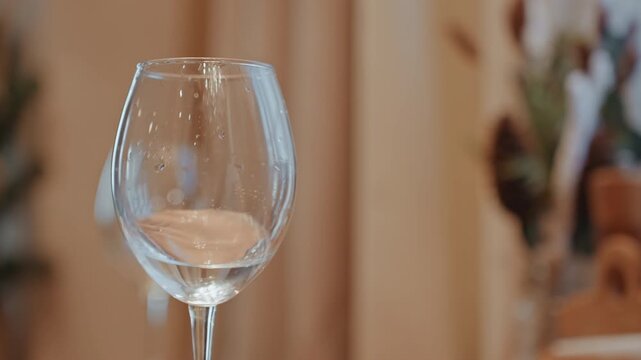 Empty wine glass with water droplets on tabletop, soft warm bokeh background, elegant stemware captured in closeup, subtle condensation and delicate reflection for serene dining decor mood
