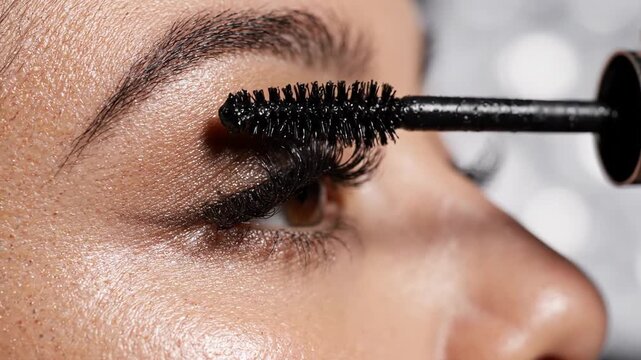 Applying mascara to eyelashes up close