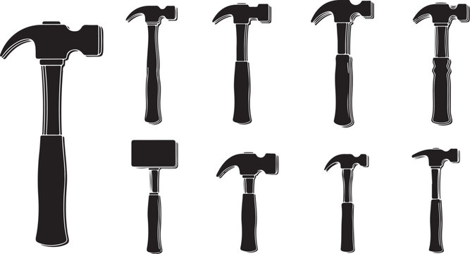Collection of various black hammers on white background