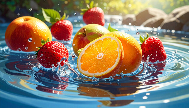 Fresh fruit in water with strawberries and oranges in a glass, a healthy refreshing dessert drink