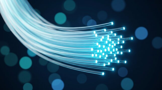 Fiber optic cables transmitting data signals, glowing blue light strands representing highspeed internet connection, technology and communication concept