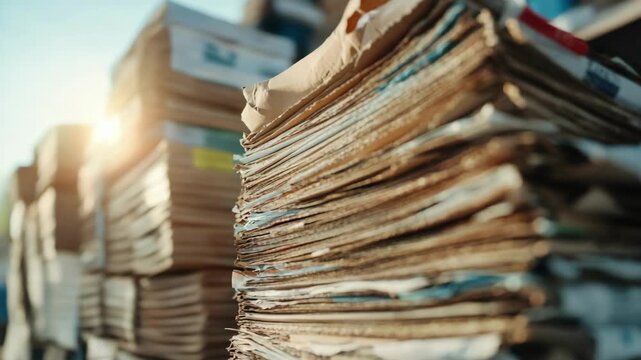 Stack of recycled newspaper piles with sunlight in background
