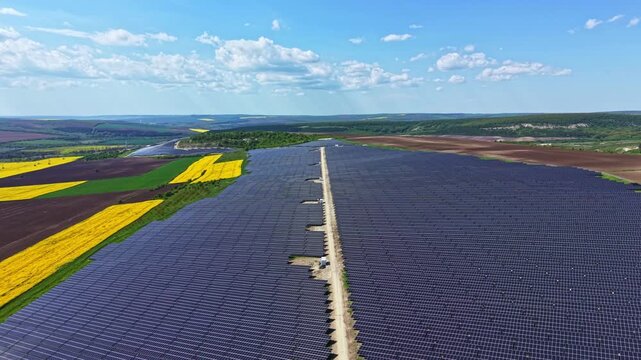 Rows of solar panels are seen in a rural landscape. Fields of sunflowers and grass are nearby. Workers are present, checking and maintaining the solar power system under a bright sky.