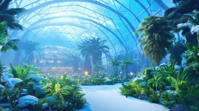 Snowy tropical oasis in a futuristic geodesic dome with lush greenery