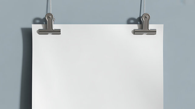 Blank white poster hanging up with clips mockup.