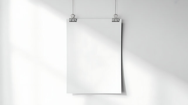 Blank white poster hanging up with clips mockup.