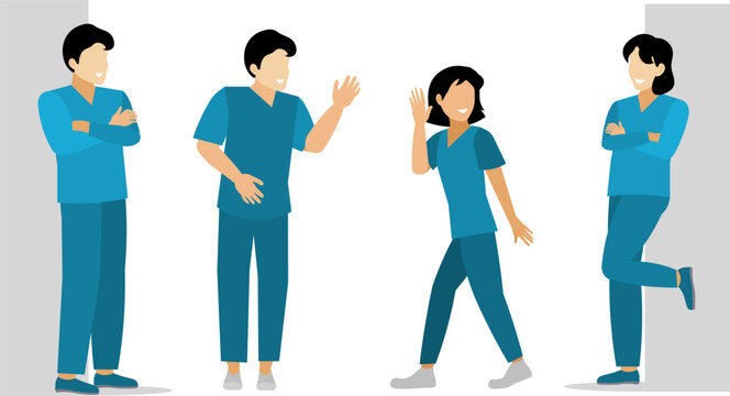Nurses. Male and female nurses in various poses. Vector