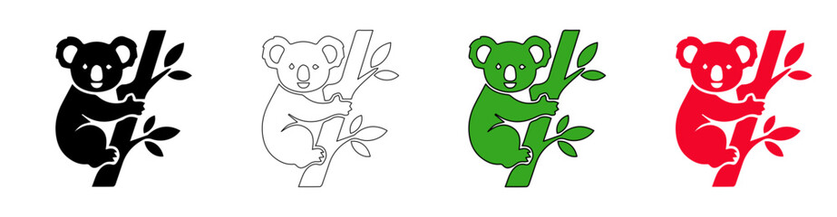 Koala bear icon set, cute Australian animal climbing eucalyptus tree branch, minimalist wildlife vector illustrations in black green and red © usman