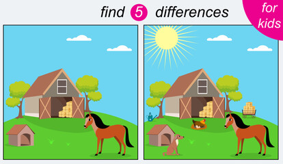 Fototapeta premium Logic puzzle game for kids. You need to find 5 differences. Farm. The horse stands near the barn with hay. Vector