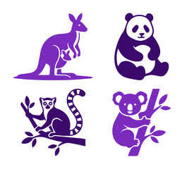 Obraz premium Minimalist wild animal icons set, purple stylized kangaroo and panda vector illustrations, lemur and koala wildlife silhouettes for logo design
