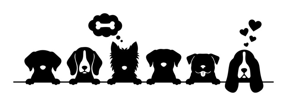 Black dog silhouettes peeking over border, cute puppy faces collection with bone and heart bubbles, pet breed head icons for veterinary web design