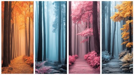 Obraz premium Four Seasons in the Forest: Vibrant Pathways Through Autumn Gold, Misty Blue, Pink Fantasy, and Golden-Yellow Canopies