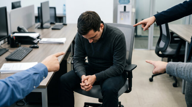 Man slumped on chair in neutral office space with hands pointing at him from around frame editorial concept photograph