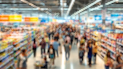 Obraz premium Blurred interior of a busy retail store showcases customers shopping along the aisles.