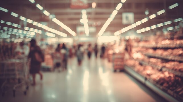 Shoppers walk through the aisles of a blurred grocery store under bright overhead lighting.