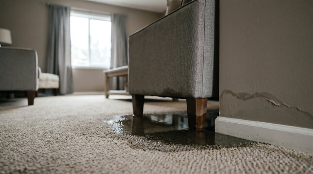 Living room carpet meeting standing flood water with soaked sofa leg and wall watermark home damage editorial photograph