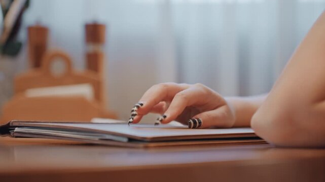Closeup female hand flipping magazine pages, elbow resting on wooden table, soft window light, striped nail art, casual slowmotion page turn, cozy reading atmosphere, planning and inspiration