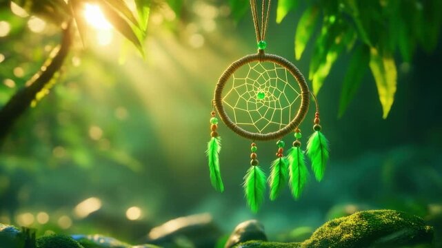 Dreamcatcher hanging in a lush green forest for relaxing calm atmosphere, promoting serenity, peace, wellbeing and good dreams through tranquil nature.