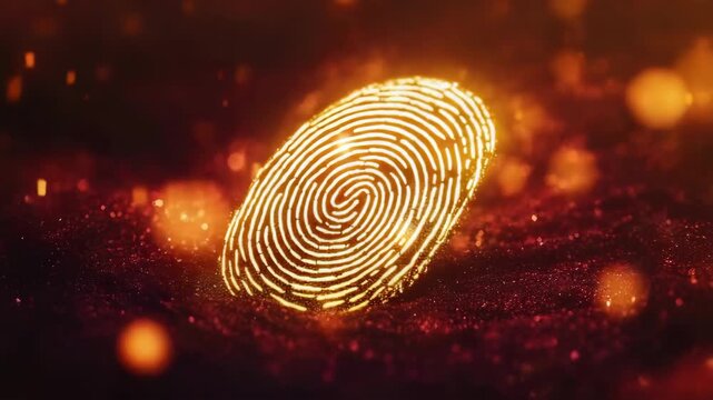 Digital identity authentication fingerprint glowing on sparkling dark red surface, a creative data authorization technology concept for security, data protection, access