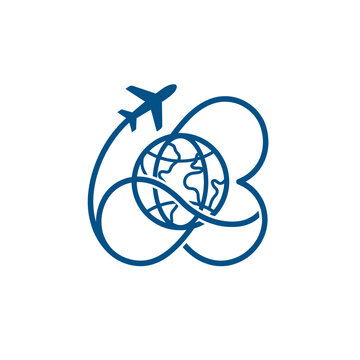 A blue line art logo featuring a stylized globe with an airplane circling it, integrated with abstract lines that resemble the number 63, on a white background.