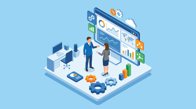 Business people analyzing data on a digital dashboard isometric illustration.