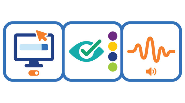 Accessibility icons for computer usage vision and sound are displayed in blue bordered squares representing inclusive digital design.