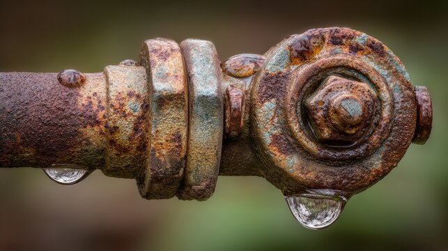 Raindrops cling to the surface of a heavily rusted metal bolt and nut assembly.