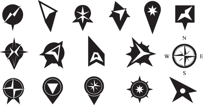Collection of various navigation compass icons and symbols