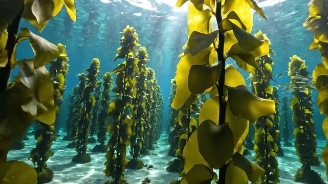 Rows of yellow kelp growing on a sandy seabed underwater. Bright sunlight filters through the blue water, creating a peaceful atmosphere. Ideal for nature and marine life documentaries.