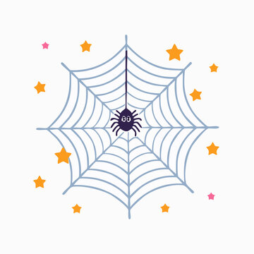 Cute cartoon spider hanging on a web with stars for Halloween or fall