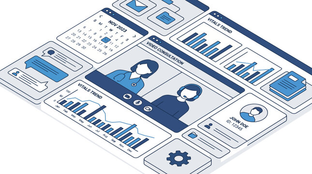 Digital dashboard with charts and video calls interface.