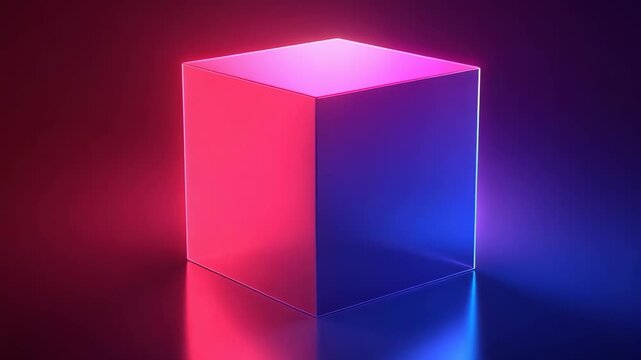 A light cube in four frames shows changes in color and light. Each frame has a different angle. The cube reflects colors on the surface. This happens at night in a dark space