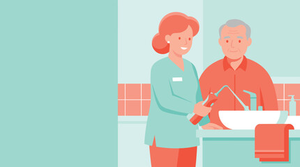 Obraz premium Female caregiver assists an elderly man with oral hygiene using a water flosser at a bathroom sink in an assisted living home.