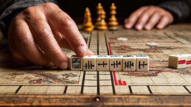 Hand places a traditional game tile onto a decorative wooden board.