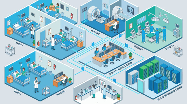 Modern Hospital Departments Isometric View Medical Technology Illustration.