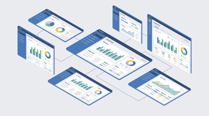 Multiple digital screens displaying financial charts and graphs isometric view. © Yahya