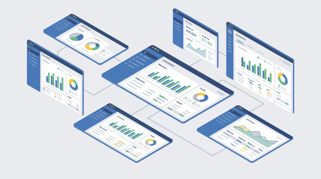 Multiple digital screens displaying financial charts and graphs isometric view.