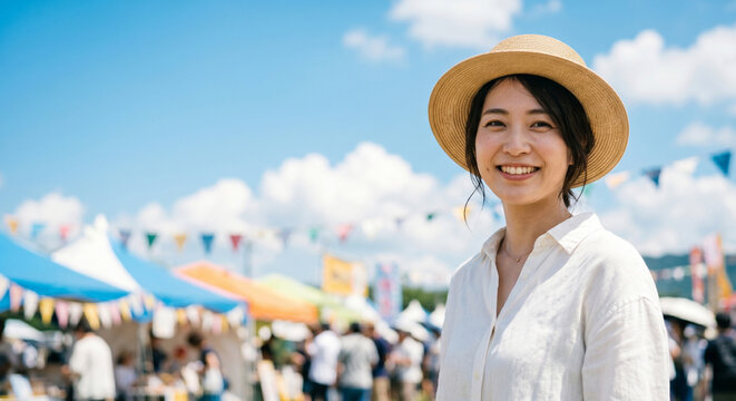 夏祭り 野外フェス イベント会場の麦わら帽子の女性